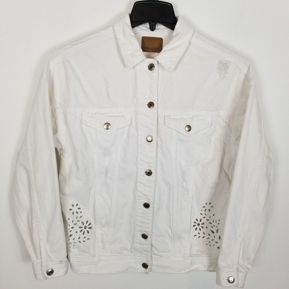 American Eagle White Eyelet Boyfriend Denim Jacket Size XS Button‎ Up
